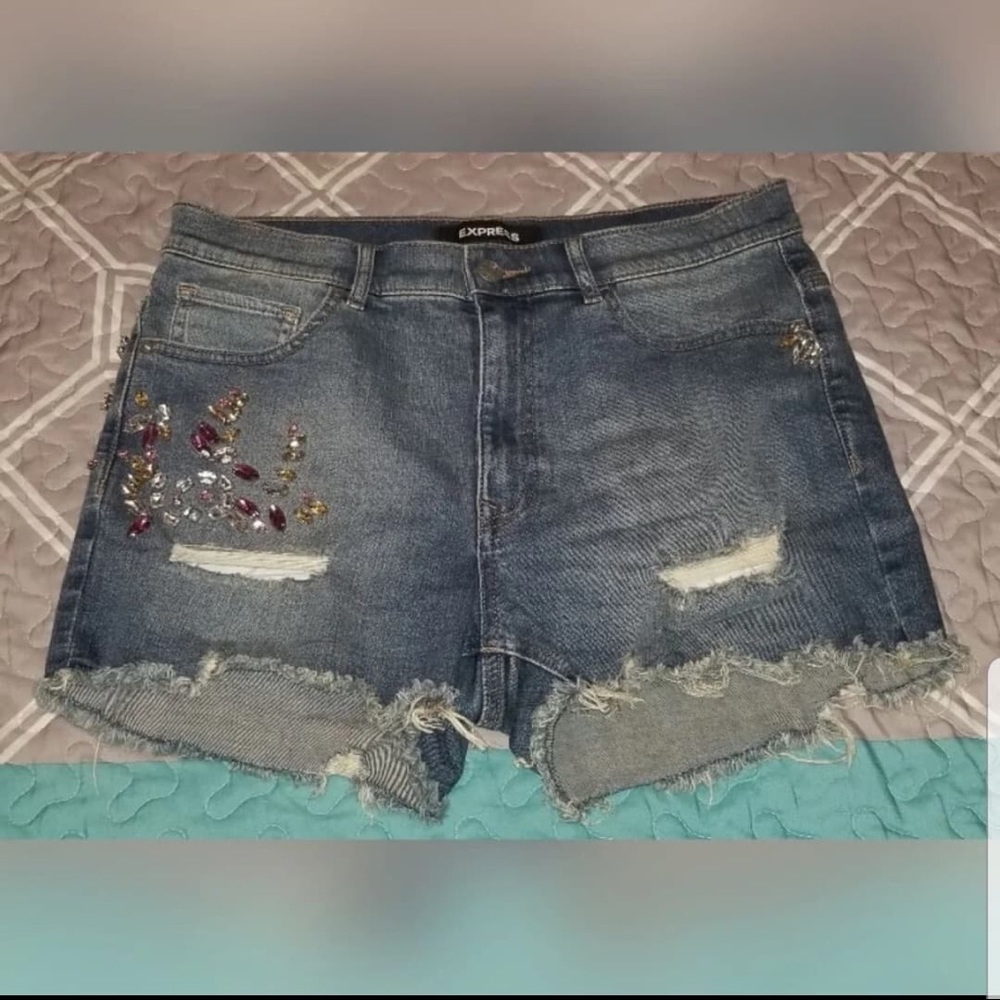 Express Jeweled Bling Cut Off Jean Shorts